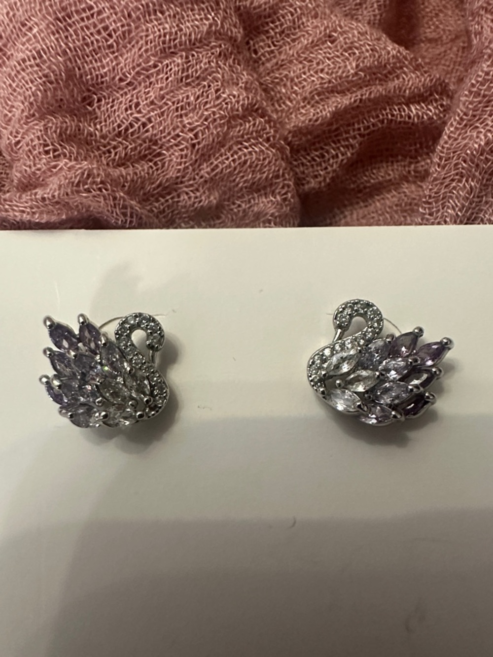 Swan Stud Earrings with Light Purple Stones -